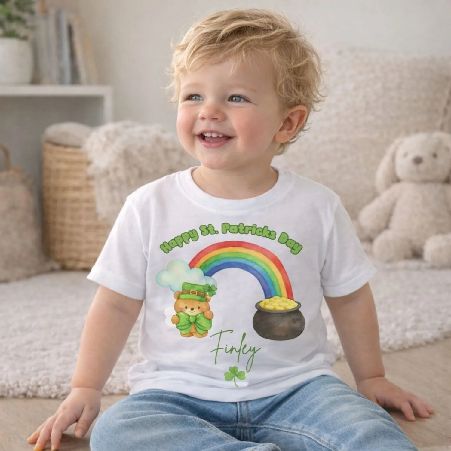 Personalised St Patrick’s Day girls t-shirt with rainbow teddy bear design, name Teagan, flatlay with jeans and pink trainers