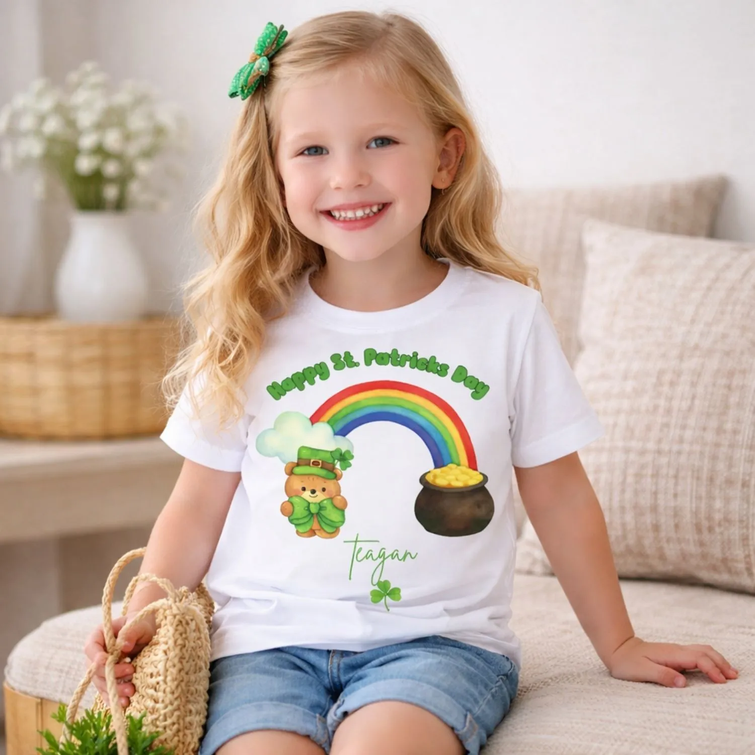 Young girl wearing personalised St Patrick’s Day t-shirt with rainbow and teddy bear design, name Teagan