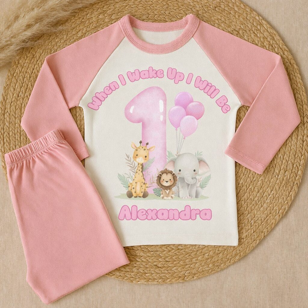 Baby girl wearing personalised 1st birthday safari pyjamas with pink number one