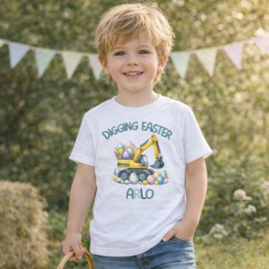 Personalised digging Easter T-shirt with blue name text featuring excavator and Easter eggs