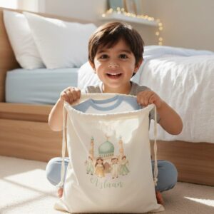 Personalised Eid Mubarak keepsake gift bag for children with blue mosque design and custom name