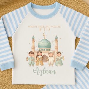 Personalised When I Wake Up It Will Be Eid blue gingham children’s pyjamas