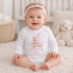 Personalised 1st Easter baby girl sleepsuit with pink bunny and name