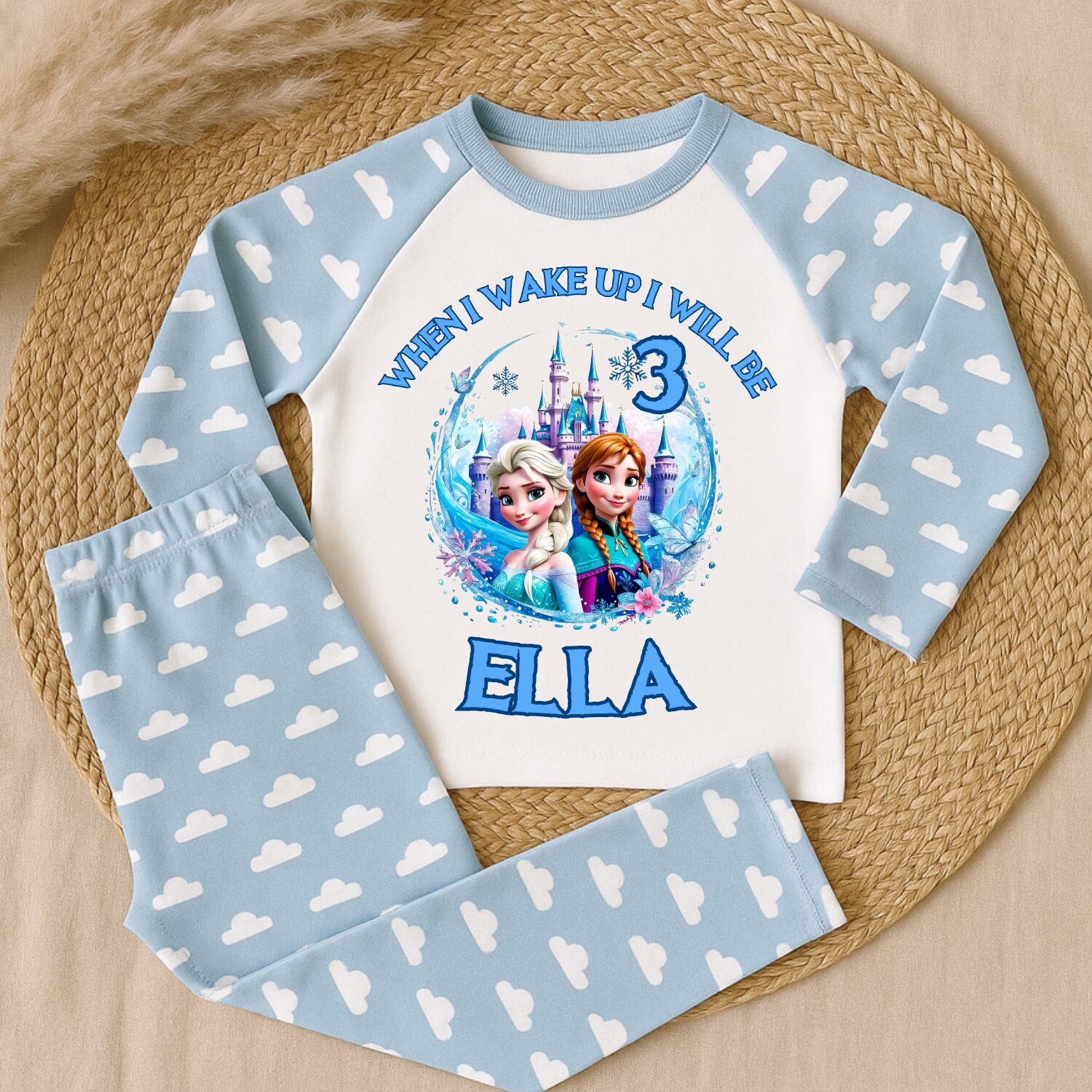 Personalised Frozen princess birthday pyjamas blue raglan sleeve set with custom name