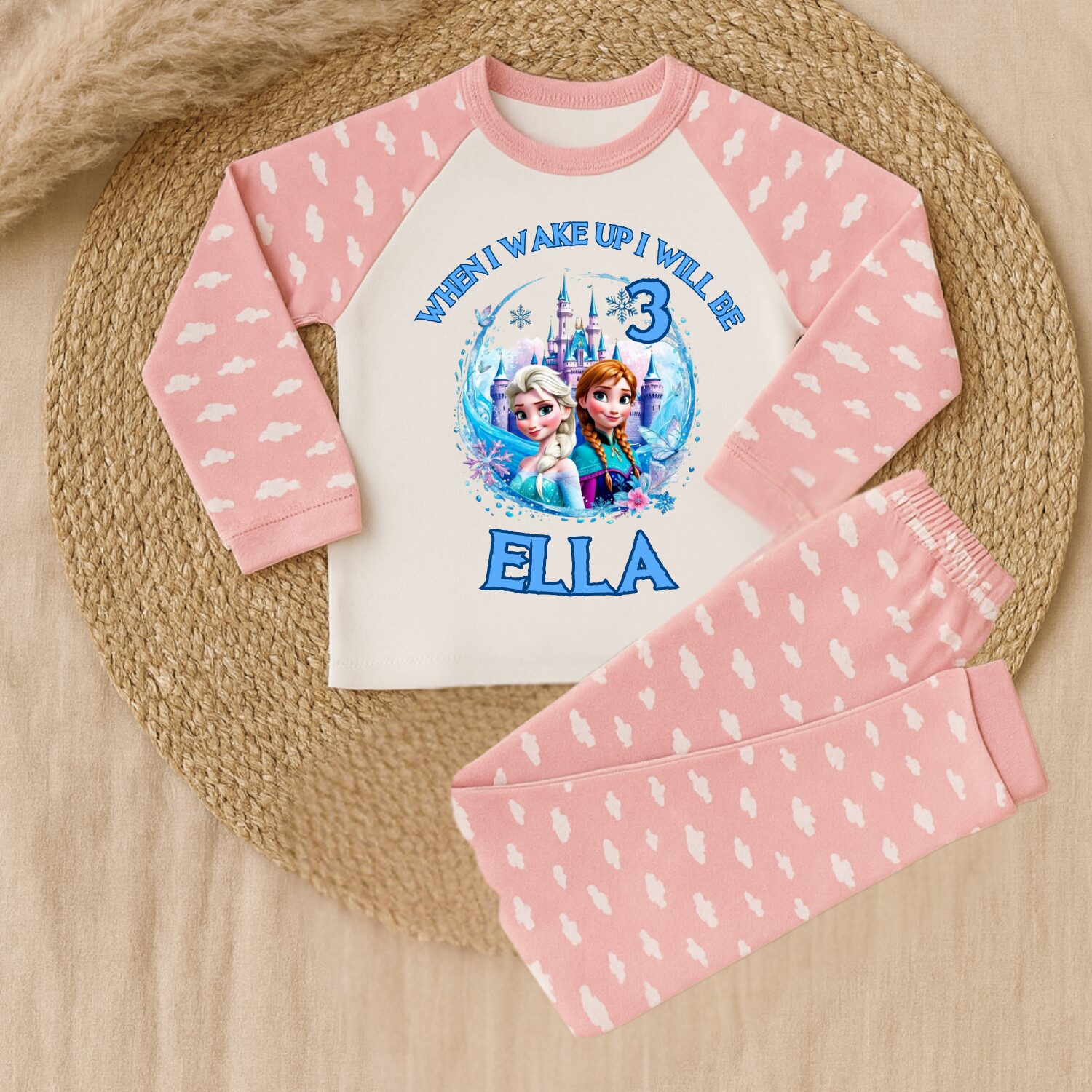 Frozen inspired birthday pyjamas with blue cloud pattern sleeves and trousers