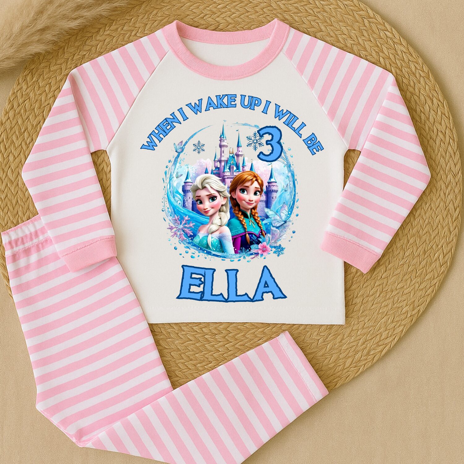 Pink raglan personalised Frozen birthday pyjamas with name and age