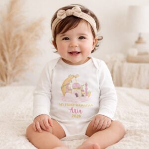 Personalised Ramadan baby long sleeve vest with pastel mosque illustration