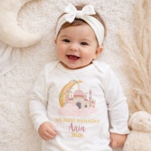 Islamic baby first Ramadan 2026 outfit with custom name and gold detailing