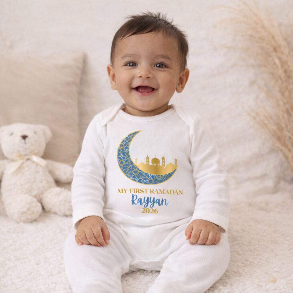 Personalised Ramadan baby long sleeve vest with geometric crescent and mosque illustration