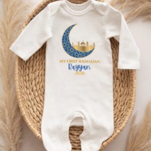 Islamic blue and gold personalised baby outfit for first Ramadan celebration