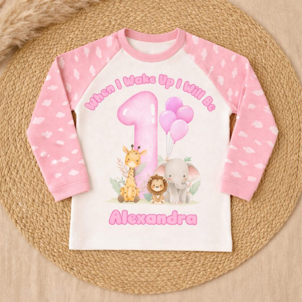 Safari birthday girl pyjama top with giraffe lion elephant and pink balloons