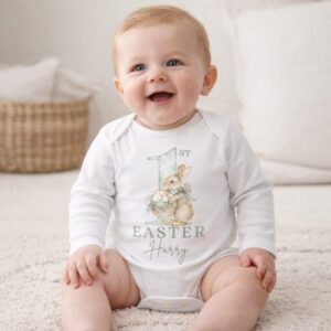First Easter personalised baby outfit with bunny illustration and name