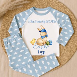 personalised hedgehog inspired birthday pyjamas | when i wake up i will be pjs | gaming style kids birthday pyjamas (copy) Personalised blue Easter pyjamas with bunny design and “When I wake up it will be Easter” text for children