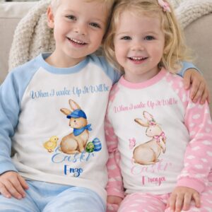 Pink cloud print personalised Easter pyjamas for girls with bunny design and name