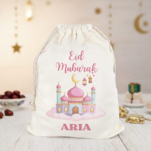 Personalised Eid Mubarak keepsake sack filled with Eid sweets blue mosque design