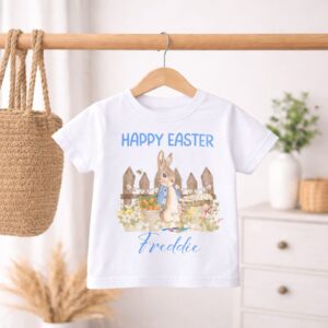 Personalised happy Easter bunny T-shirt flat lay with jeans and trainers