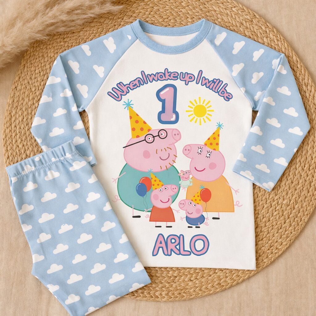 Personalised Peppa birthday pyjamas for girls with pink stripes and custom name Sophie