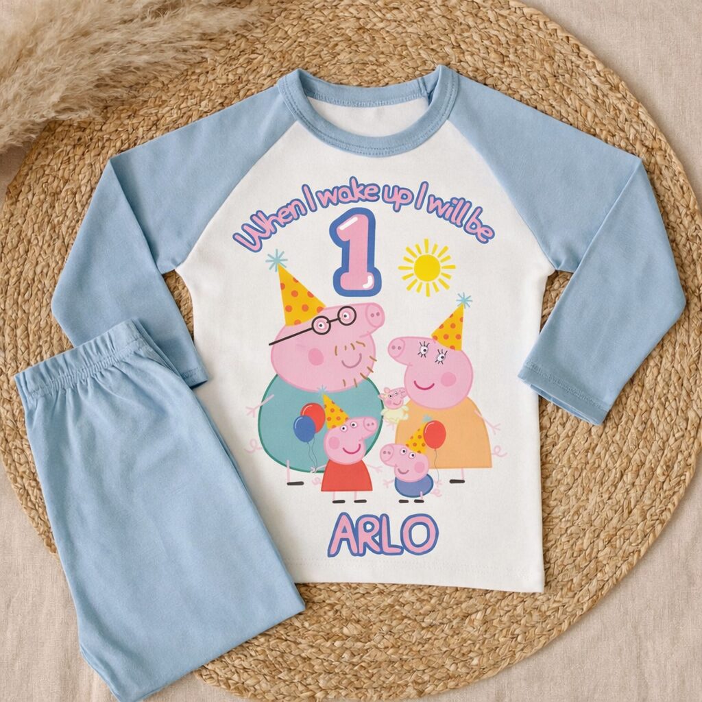 Pink cloud sleeve Peppa birthday pjs personalised for birthday girl