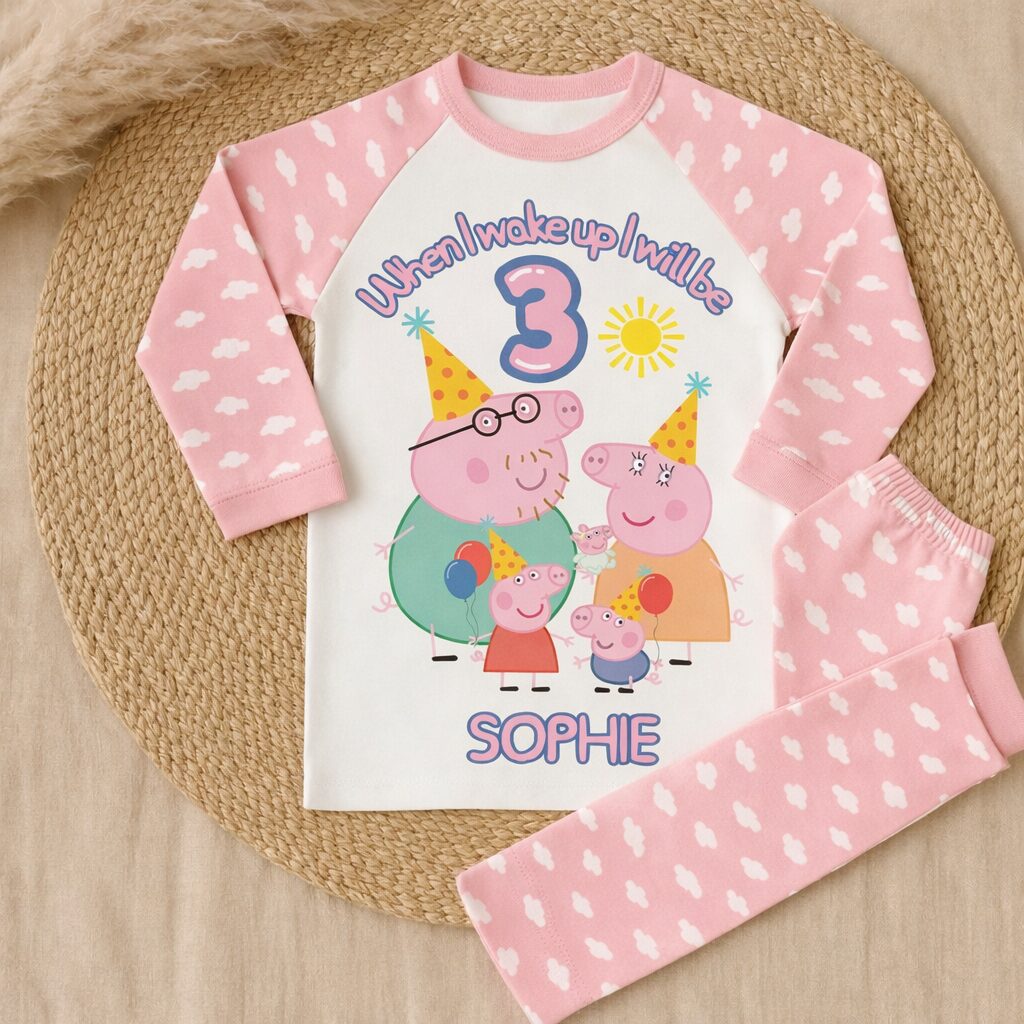 Personalised Peppa birthday pyjamas for boys blue raglan with name Arlo