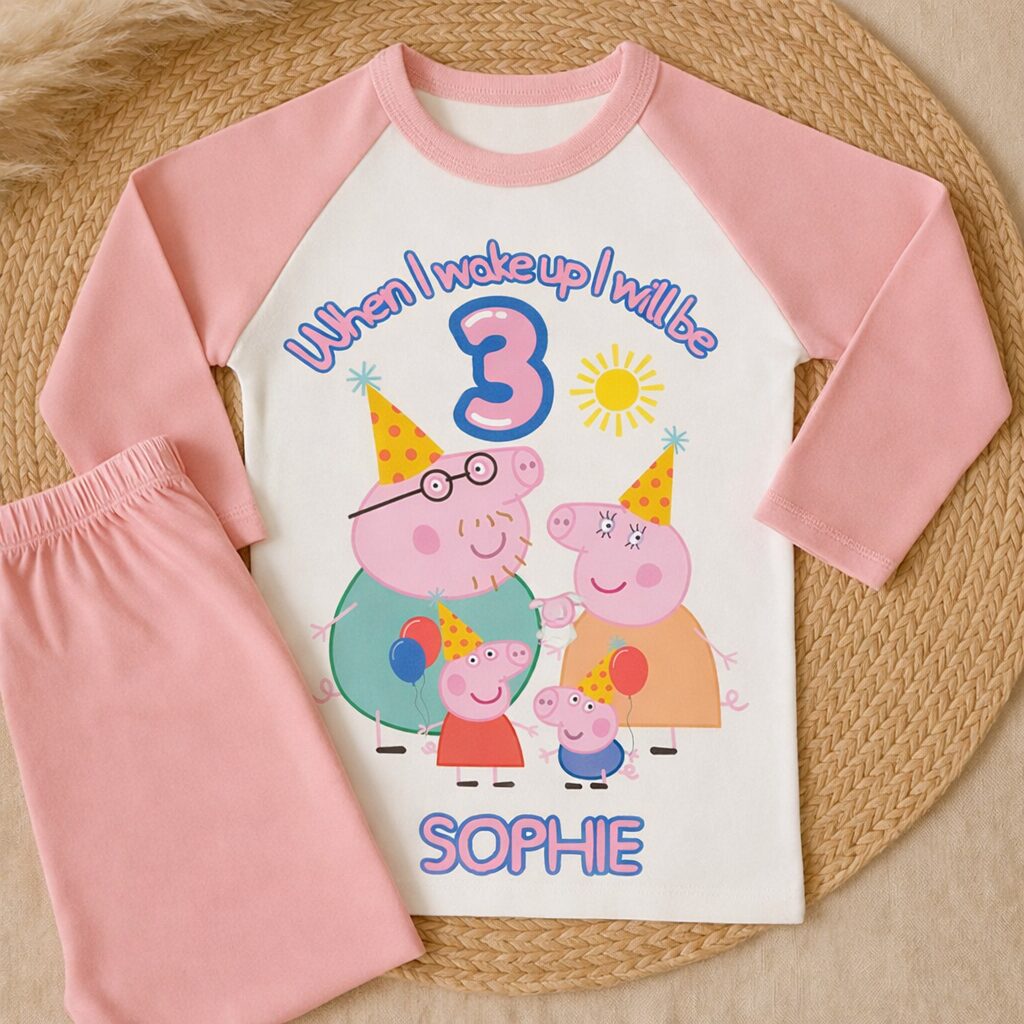 Blue cloud sleeve Peppa birthday pyjamas custom age and name