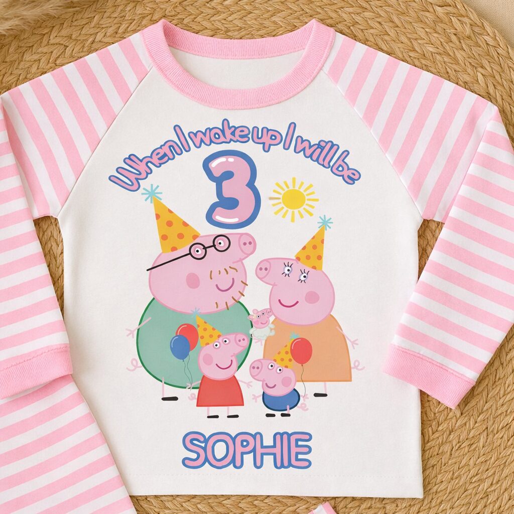 personalised princess birthday pyjamas (copy) Blue striped personalised Peppa birthday pyjama set