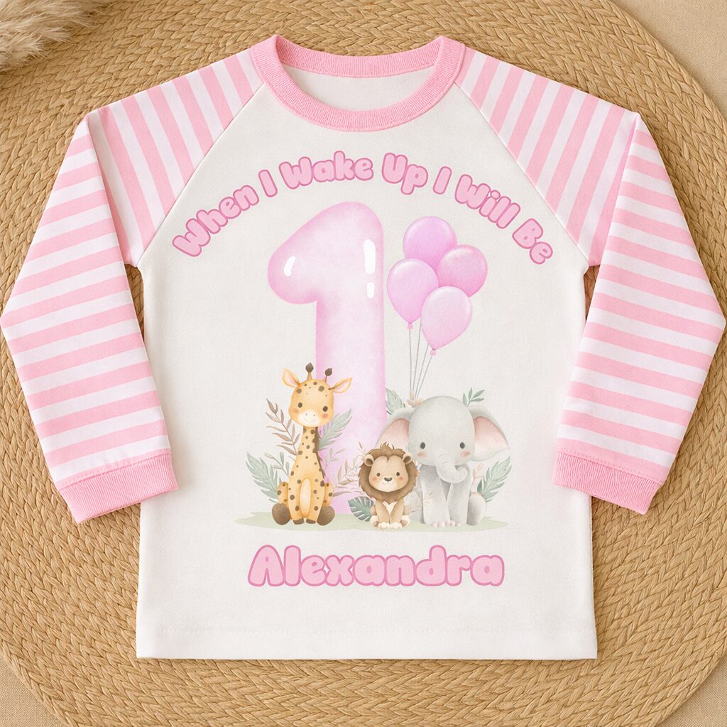Plain pink personalised first birthday pyjama set with custom name Alexandra