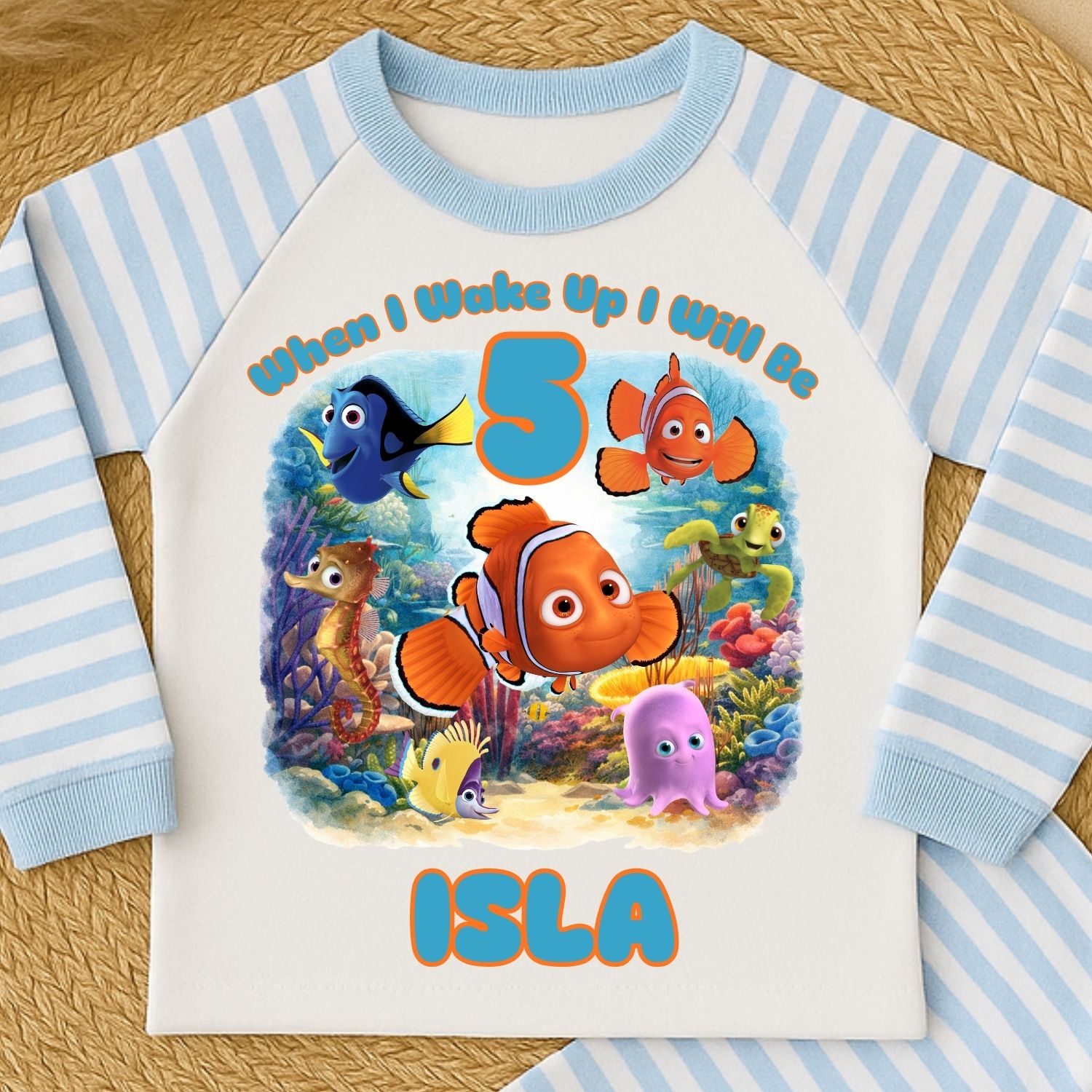 Under the Sea Birthday Pyjamas Pink Stripe Close up of pink personalised under the sea birthday pyjamas
