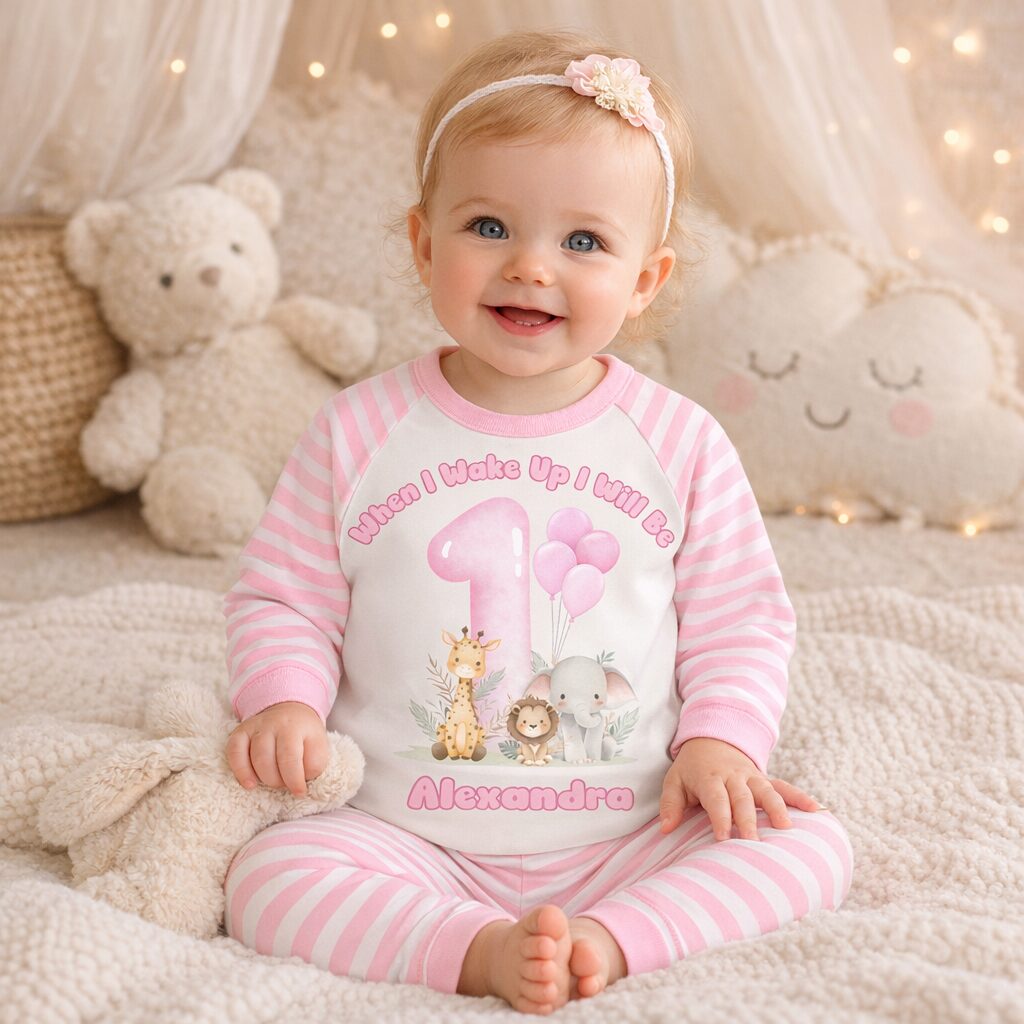 Pink cloud sleeve 1st birthday girl pyjamas with safari animal design