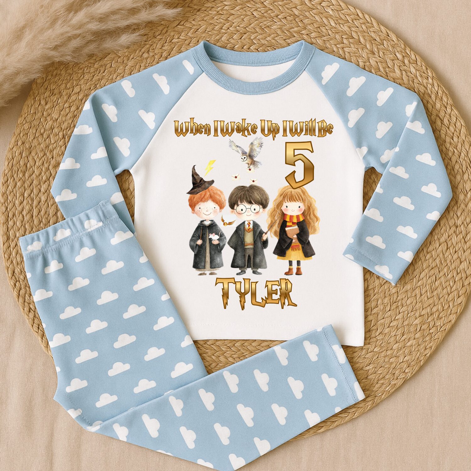 Personalised wizard birthday pyjamas pink set age 4 with custom name Freya magical kids birthday sleepwear