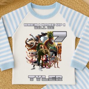 Close up personalised Italian brainrot birthday pyjama top blue stripe age 7 Tyler funny meme birthday outfit