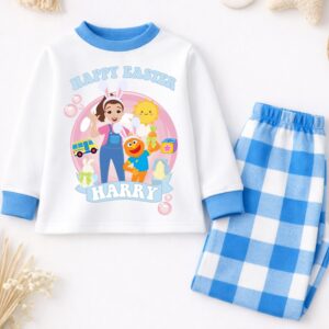 Personalised Easter pyjamas blue plain set with bunny learning teacher inspired design custom name kids Easter outfit