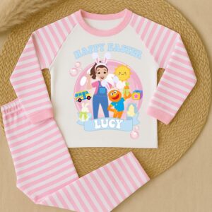 Personalised Easter pyjamas pink check set Easter bunny character inspired kids pyjamas