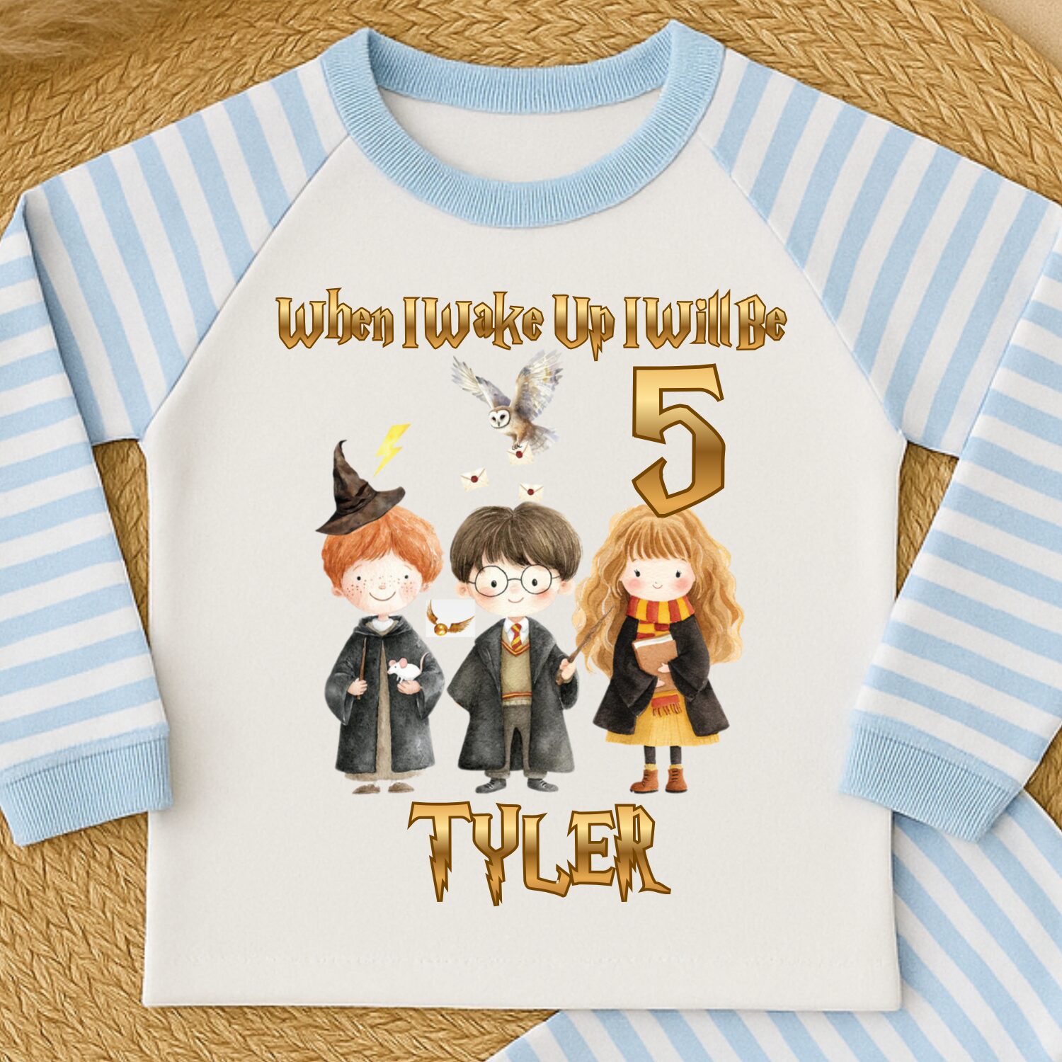 Personalised wizard birthday pyjamas pink cloud set age 4 with custom name Freya magical themed birthday outfit