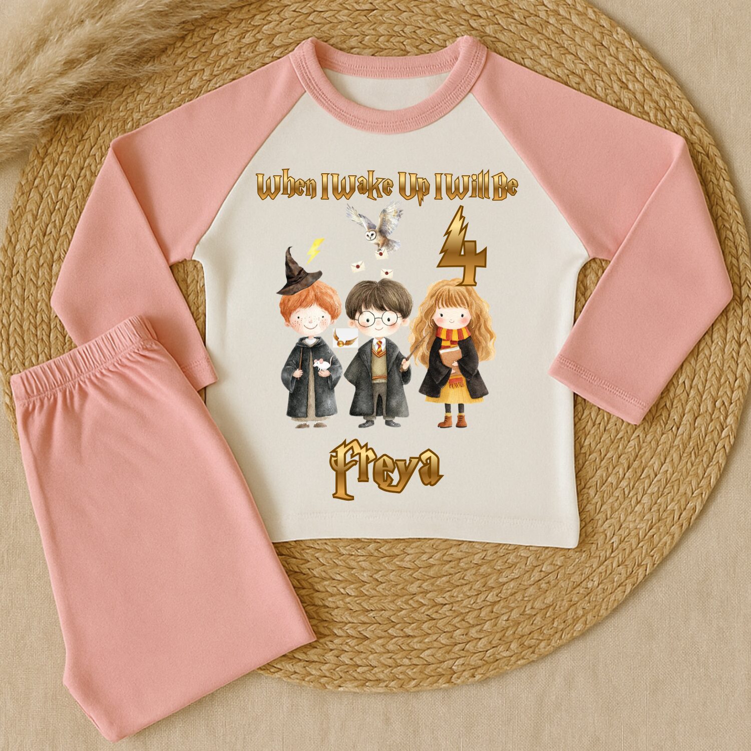 Personalised wizard birthday pyjamas pink stripe set age 4 with custom name Freya magical kids birthday sleepwear
