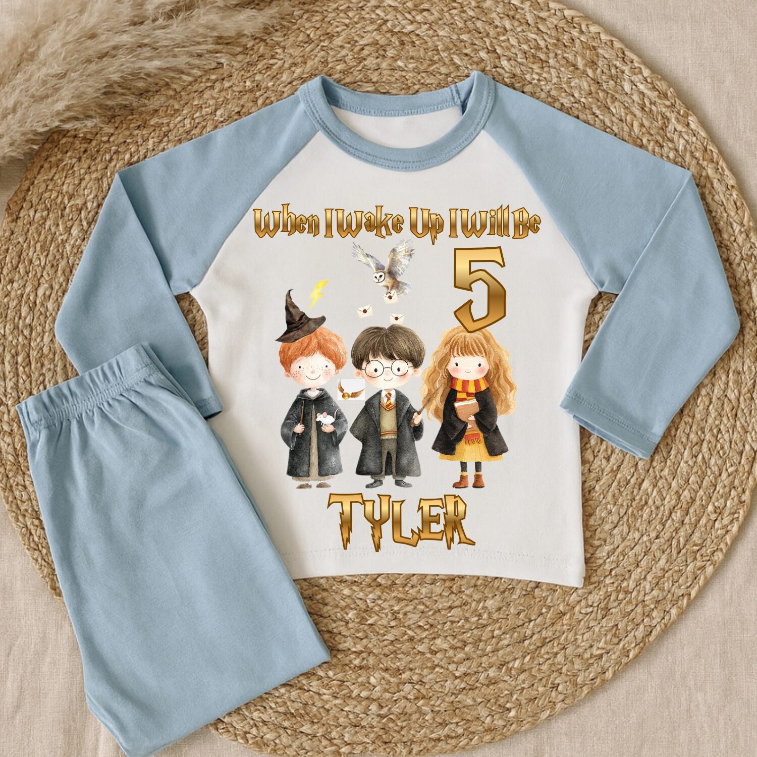 Personalised wizard birthday pyjamas blue set age 5 with custom name Tyler magical themed birthday sleepwear