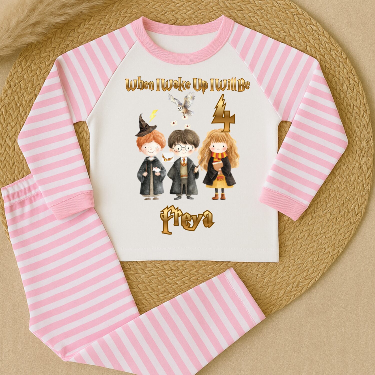 Personalised wizard birthday pyjamas blue stripe set age 5 with custom name Tyler magical birthday sleepwear