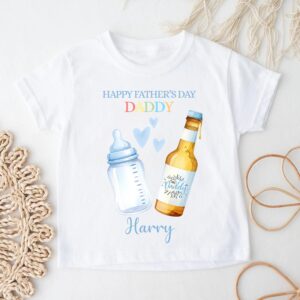 Personalised Father’s Day kids t-shirt blue beer and baby bottle design with name Harry