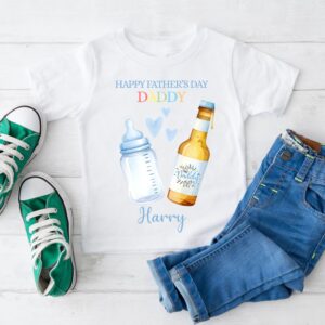 Personalised Father’s Day girls t-shirt pink beer and baby bottle design styled with jeans and trainers