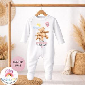Personalised first Father’s Day baby bib pink teddy design daddy and baby