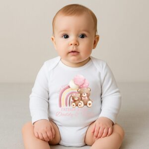Baby wearing personalised first Father’s Day outfit blue rainbow teddy