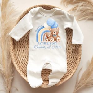 personalised first Father’s Day baby bib blue rainbow teddy daddy and me