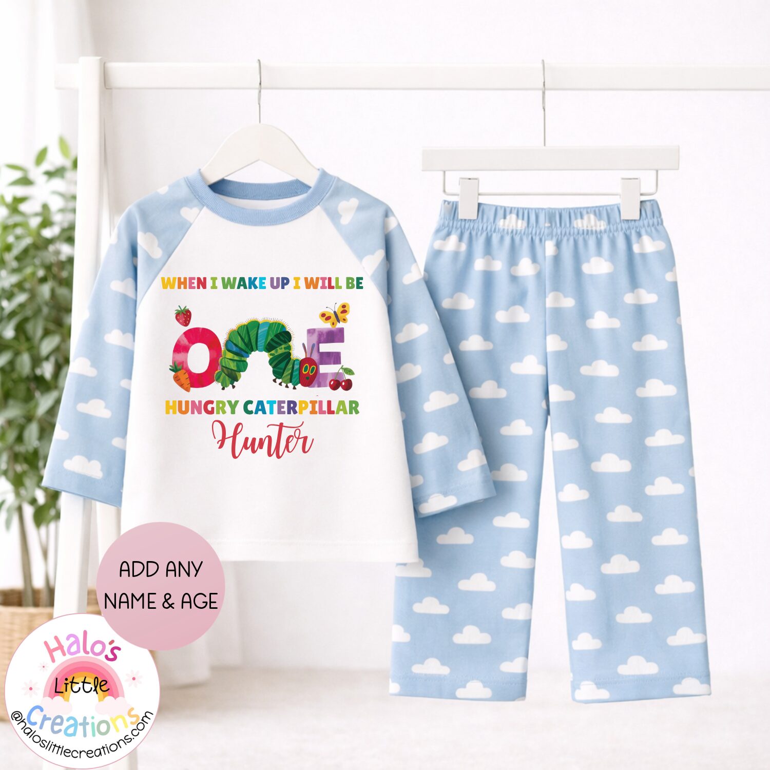 Blue cloud print personalised Hungry Caterpillar birthday pyjamas