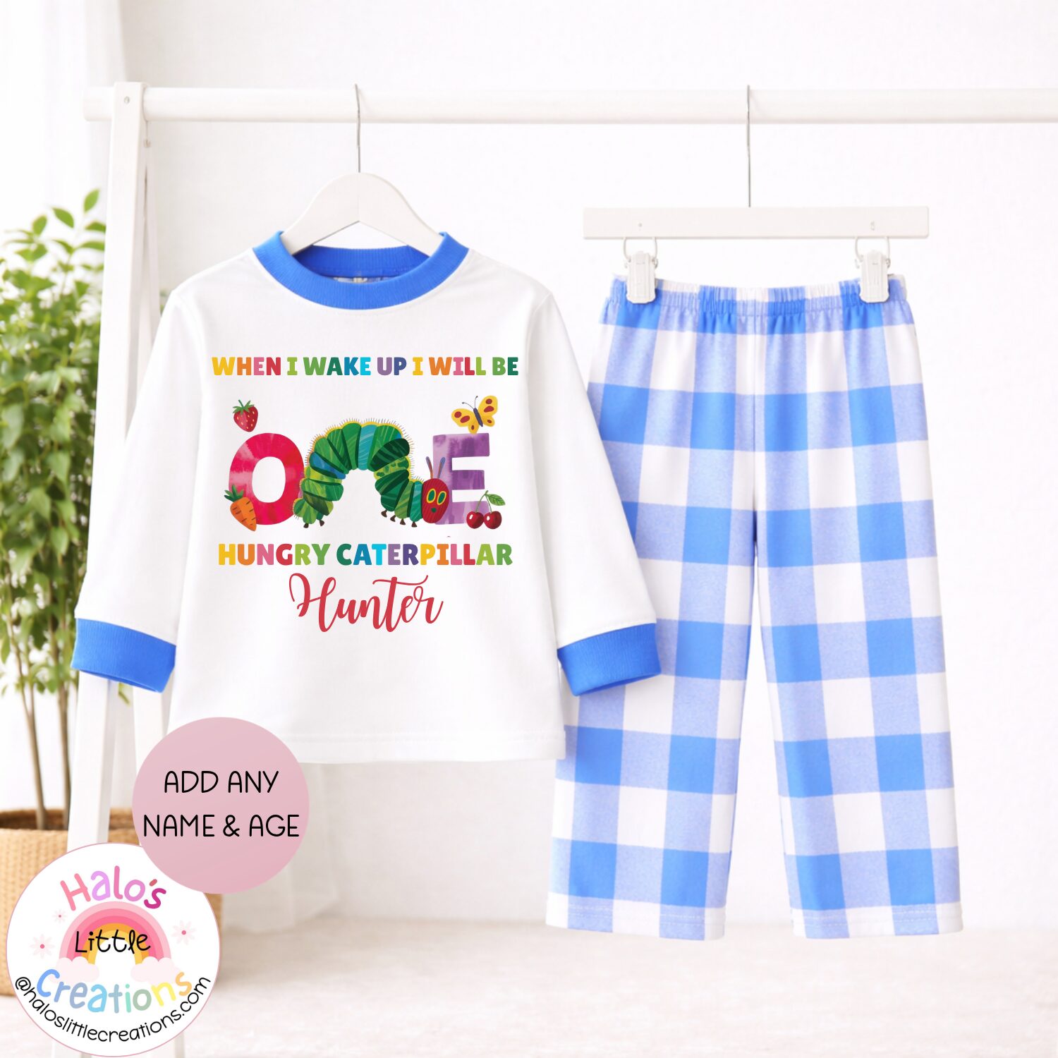 Blue gingham personalised birthday pyjamas with Hungry Caterpillar one design