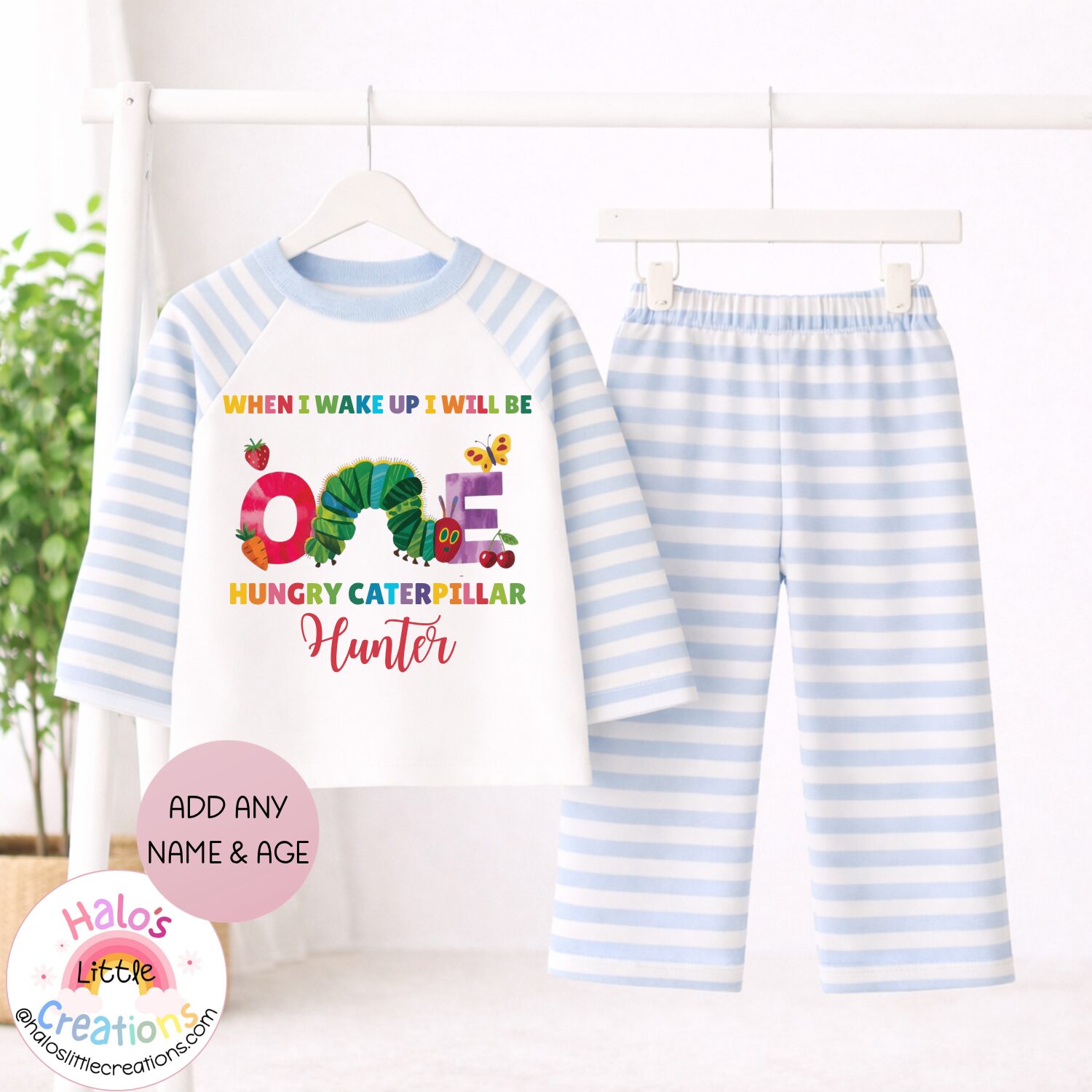 Blue striped personalised Hungry Caterpillar first birthday pyjamas for boys