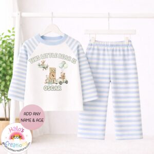 Personalised boys first birthday blue stripe pyjama set with teddy bear one design