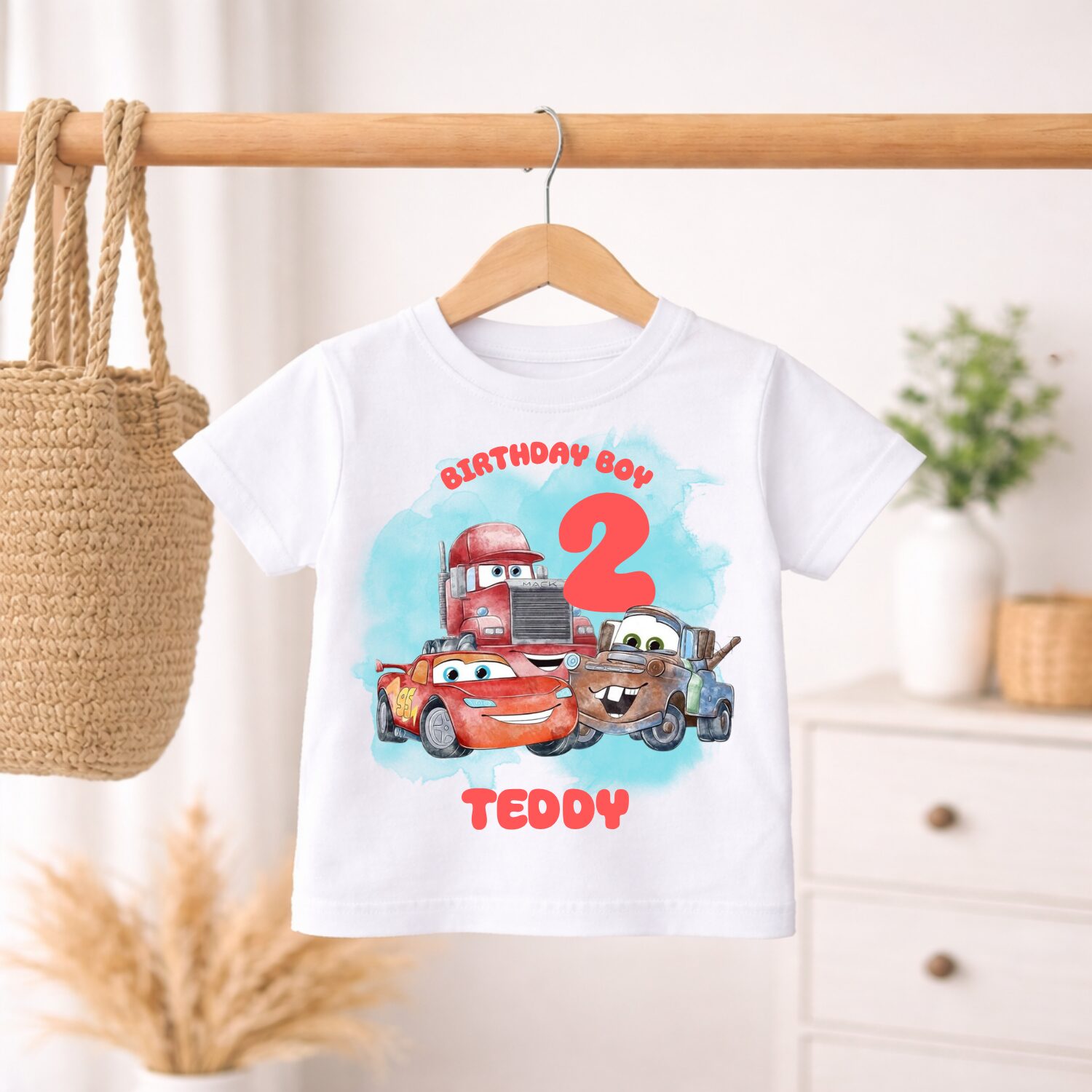 Personalised Cars birthday t-shirt with custom name Teddy and age 2 featuring Cars-inspired vehicle design