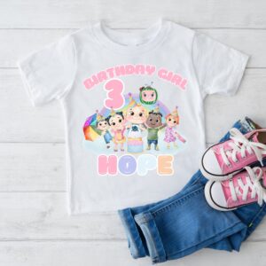 Personalised Cocomelon Birthday Girl T Shirt with custom name Hope and age 3