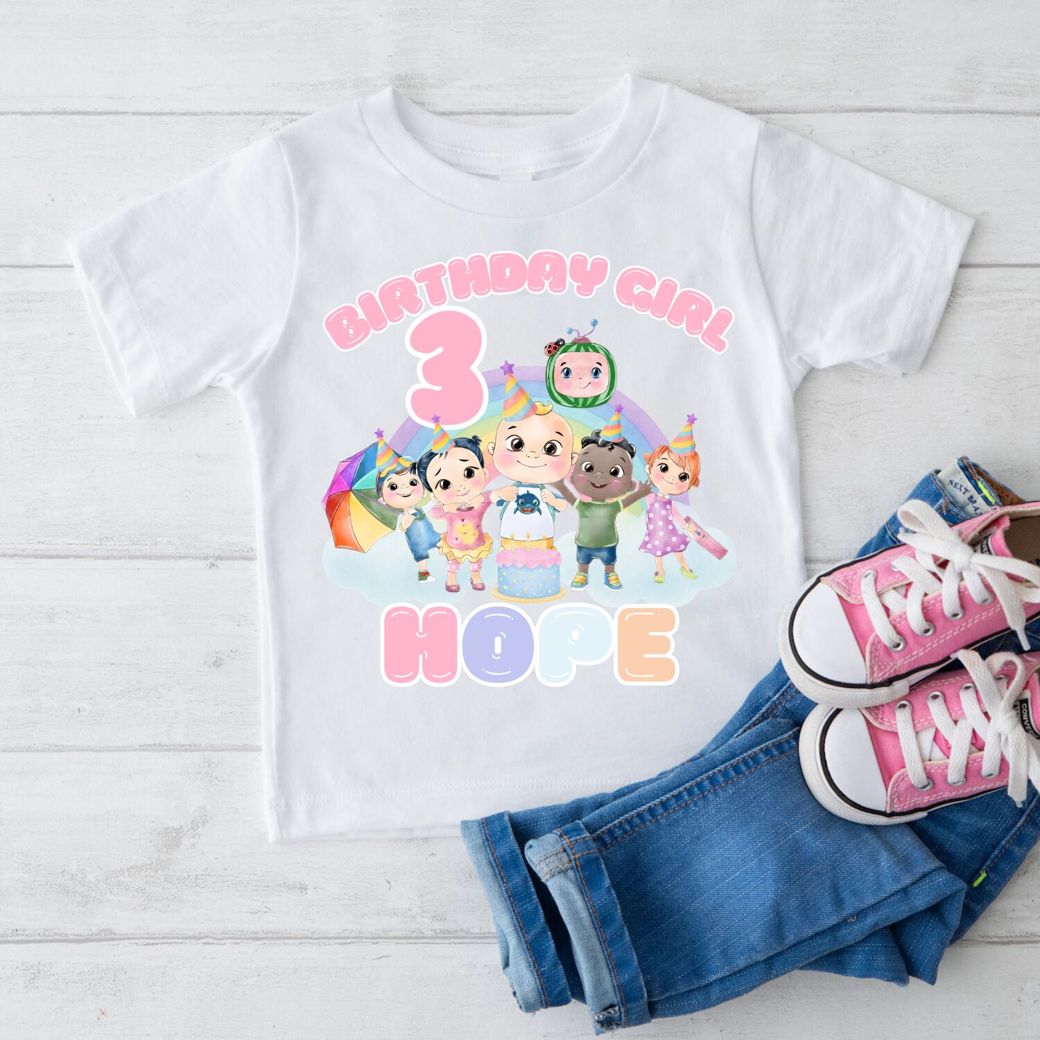 Personalised Cocomelon Birthday Girl T Shirt with custom name Hope and age 3
