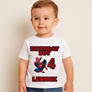 Personalised superhero birthday boy t-shirt with Lennox name and age 4 design