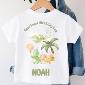 Personalised Roarsome Birthday Boy dinosaur t-shirt with Noah name and age 3 watercolour dinosaur design